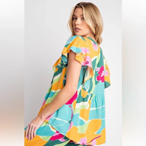 823 ❤️ EASEL FLORAL GEO PRINT CHALLIS PINTUCK FRONT TOP - Picture 2 of 4